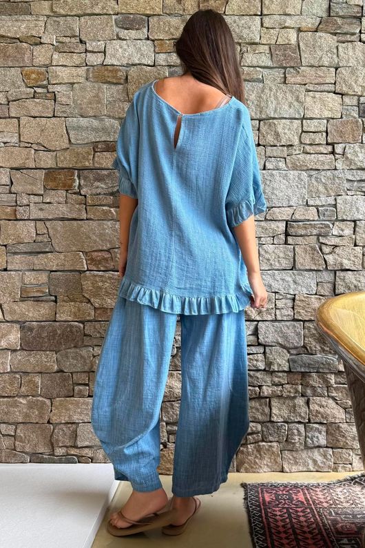 Frame Hopsack Frill Box Top Washed Denim